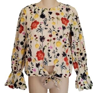 H&M Off White Floral Bell Sleeve Tie Front Blouse Top Size Women's 4